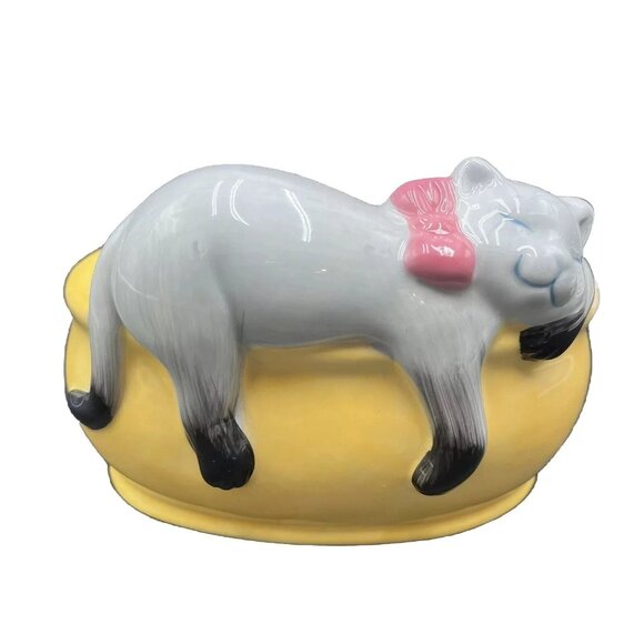 Vintage Yellow Oval Ceramic Planter With Lazy Grey Kitty & Pink Bow Design - Picture 1 of 5